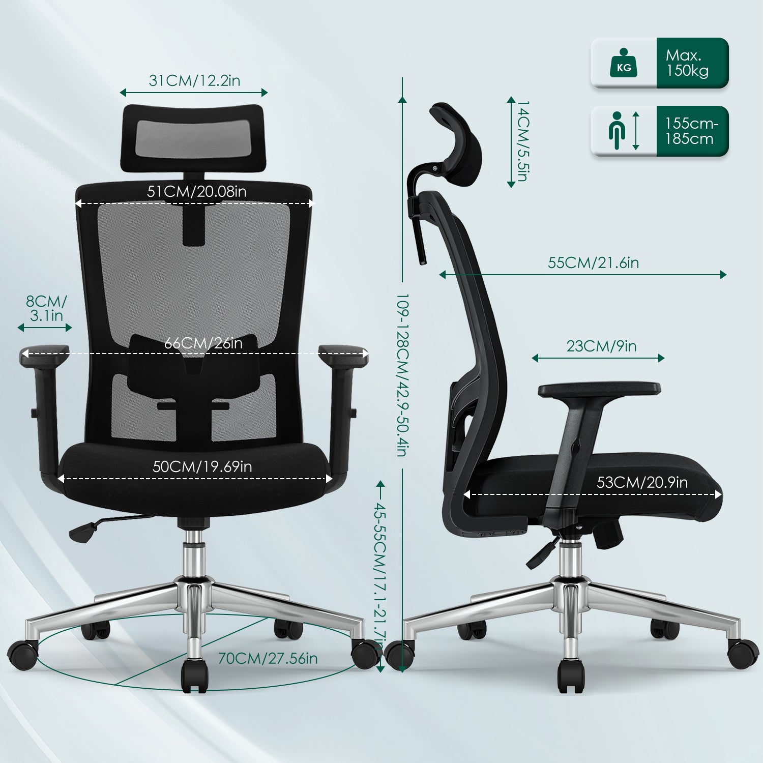 GTIMEX Chaise de Bureau Ergonomique avec Soutien Lombaire Réglable, Accoudoirs et Appui‑tête, Pivotante, Capacité 150 kg, Bascule jusqu’à 135°