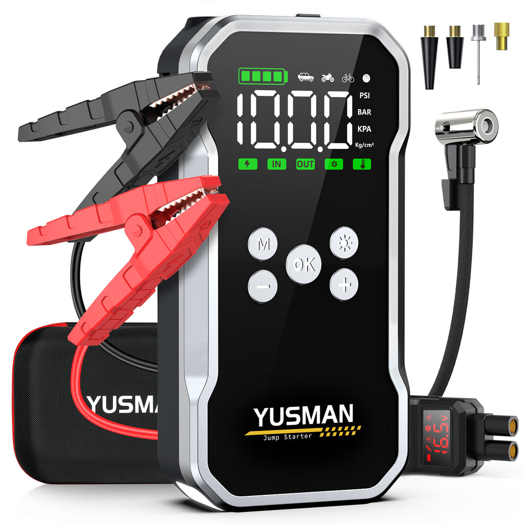 Chargeur de démarrage YUSMAN avec compresseur | 7000A pour tous les moteurs essence et 7L diesel | Pompe à air 150 PSI avec écran LCD et lampe torche multifonction