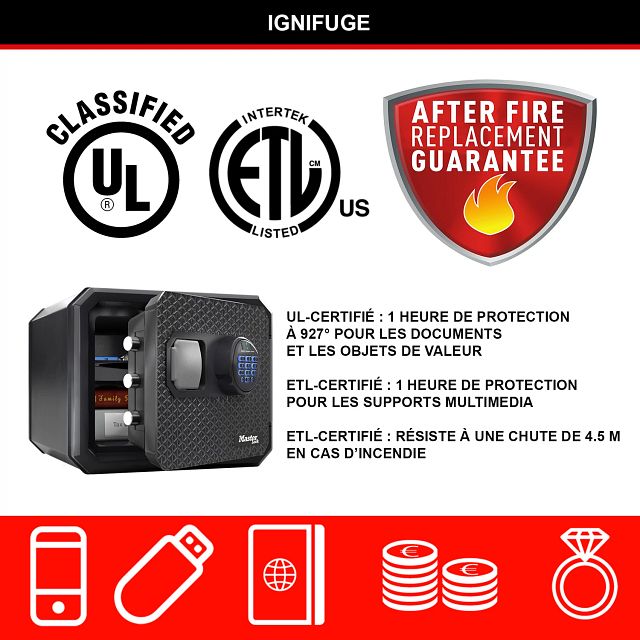 Master Lock Coffre-fort certifié résistant au feu et à l’eau, 23 L, 417 x 348 x 478 mm, système de code à combinaison numérique avec clavier rétroéclairé, pour la maison et les professionnels