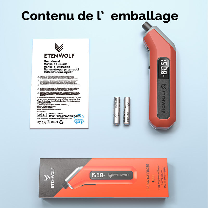ETENWOLF T300 Plus Manomètre numérique de pression des pneus 200 PSI, avec écran LED lumineux et adaptateur de valve Presta - Orange vif