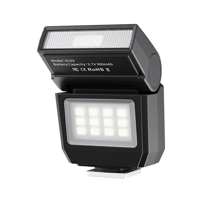 Ulanzi SL03 Mini flash avec lampe vidéo, Flash cobra GN8 6500 K, Angle réglable à 90°, 4 niveaux de puissance, Mini flash manuel, Griffe porte-accessoire à contact unique pour Sony/Canon/Fuji, Noir