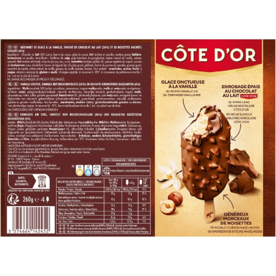 Cote D'or Glaces Bâtonnets Vanille Chocolat Lait et Noisette 4 barres – 260 g