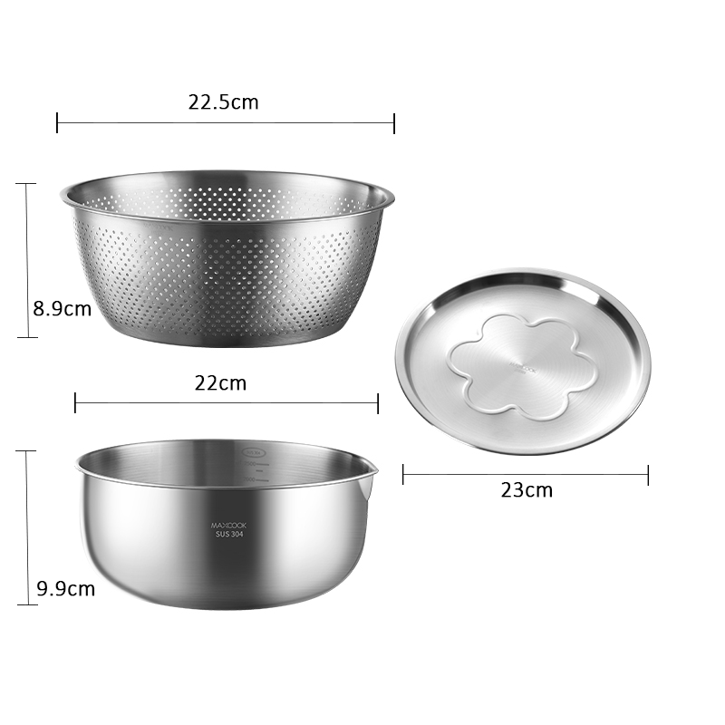 Maxcook Lot de 3 bols de mélange en acier inoxydable 304, 22 cm, avec bouchon d’évacuation et couvercle, robustes, bords plus profonds, finition miroir, compatibles lave-vaisselle, MCWA9907