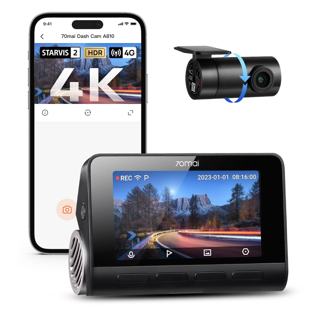 Dashcam 4K Avant et Arrière 70mai A810-2, Dashcam UHD 4K Réelle avec Sony STARVIS 2, Vision Nocturne HDR, Détection de Mouvement par IA, GPS Intégré, Support 4G LTE, ADAS