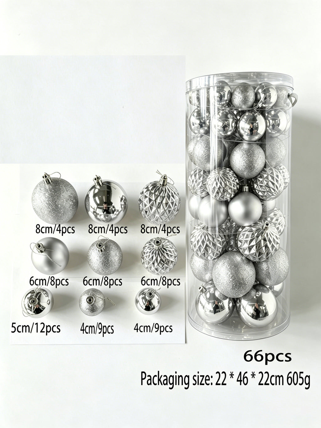 Ju7cer 66 boules de Noël argentées, mini boules de Noël en plastique incassable 4-8 cm, 4 tailles différentes de boules de Noël, convient pour la décoration intérieure et extérieure des fêtes de Noël