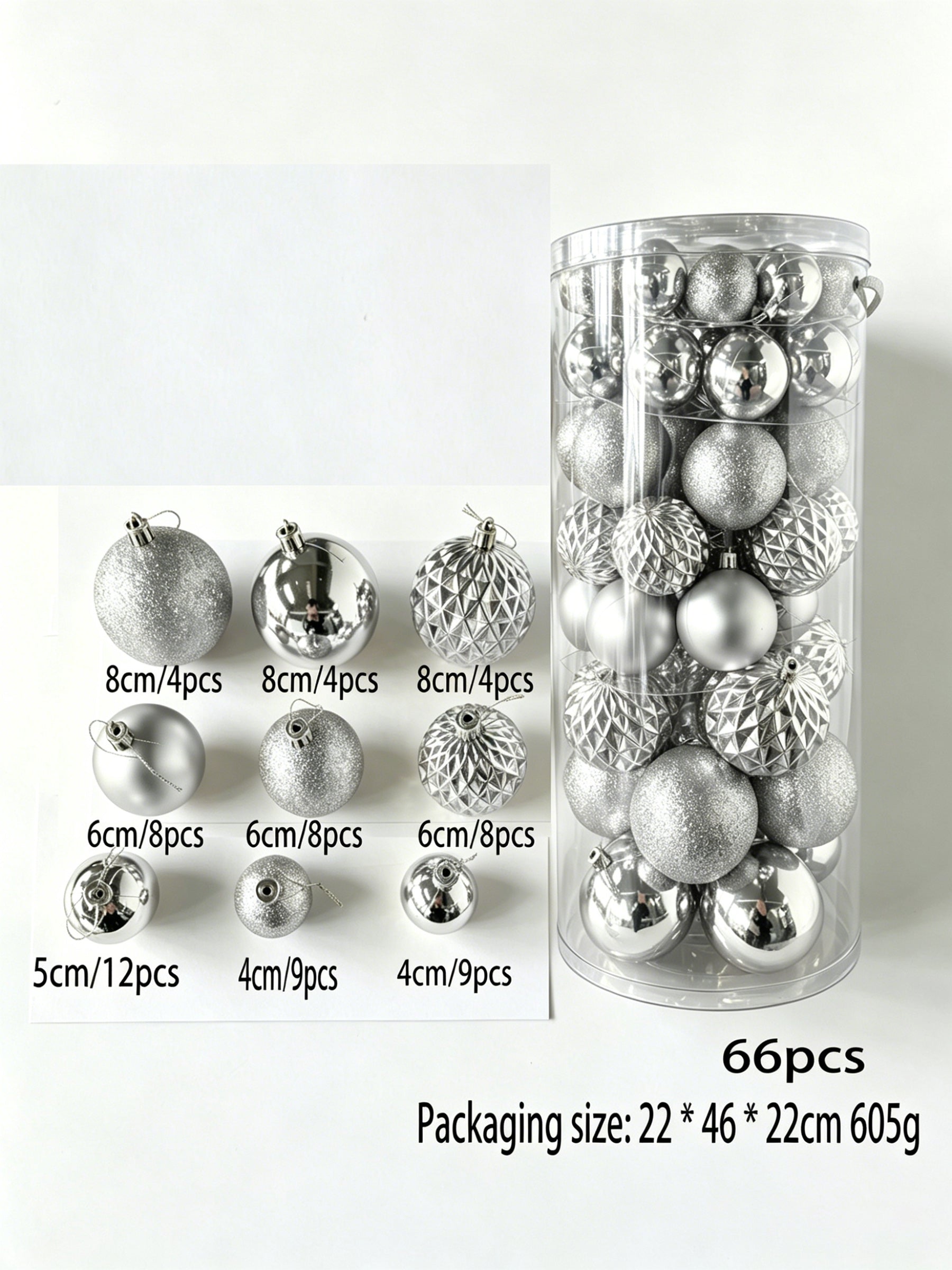 Ju7cer 66 boules de Noël argentées, mini boules de Noël en plastique incassable 4-8 cm, 4 tailles différentes de boules de Noël, convient pour la décoration intérieure et extérieure des fêtes de Noël