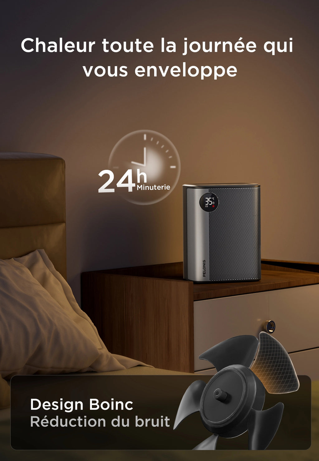 PELONIS Chauffage soufflant céramique 2000 W, 5 modes, écoénergétique avec mode ECO, thermostat, minuterie 24 h, protection contre la surchauffe et le basculement, portable
