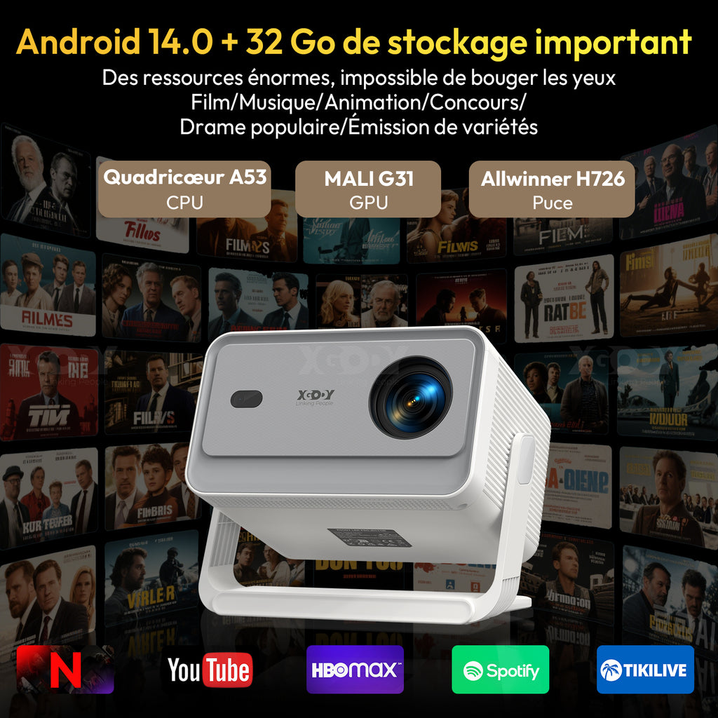 XGODY Gimbal A6 Pro Projecteur portable, prise en charge 8K, 1080p natif et 650 ANSI, Android 14.0, Wi-Fi 6 et Bluetooth 5.4