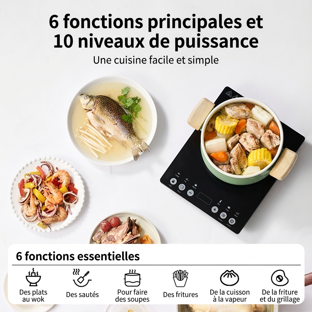 Ochama Plaque à induction 2000 W avec commande tactile, Panneau en verre résistant, 10 niveaux de puissance et 6 fonctions, Réchaud électrique pour cuisine domestique, Plaque de cuisson à induction