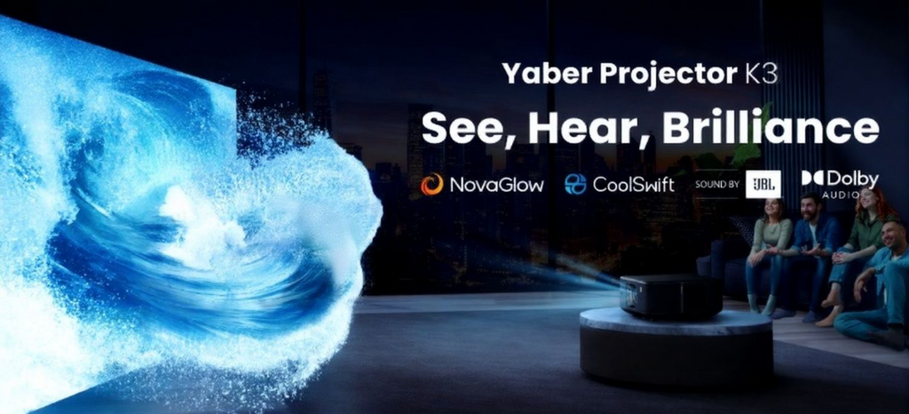 Vidéoprojecteur intelligent YABER K3, 1080p natif, 1000 lumens ISO, deux haut-parleurs stéréo intégrés de 15 W avec Dolby Audio, son par JBL, mise au point automatique