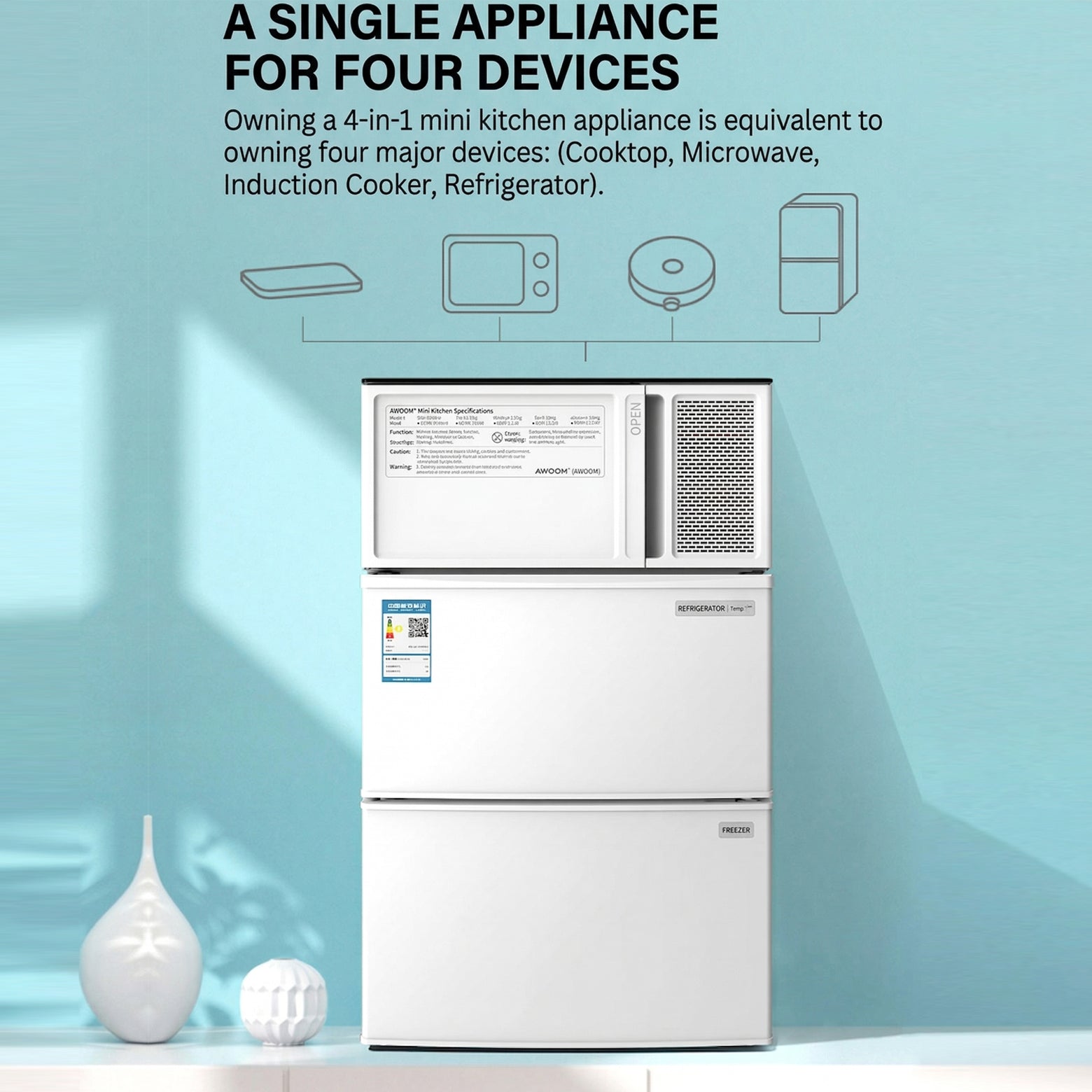AWOOM Mini cuisine 4-en-1 550*587*900 mm, four à micro-ondes multifonction, cuisinière à induction et réfrigérateur, 220 V/2000 W, un ensemble de quatre appareils