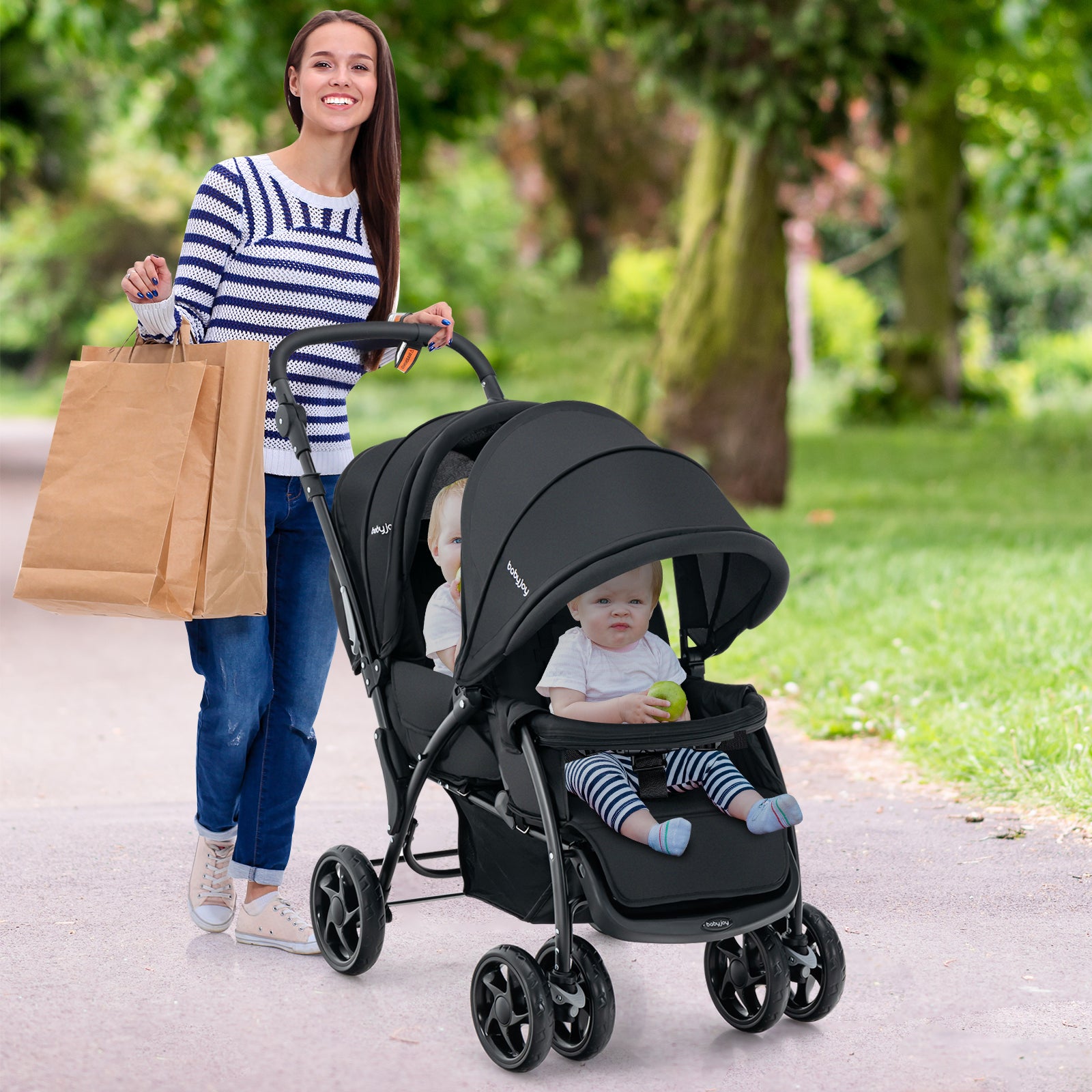 Poussette jumelle pliable Sibling avec dossier réglable et pare-soleil, capacité de charge 30 kg, noir