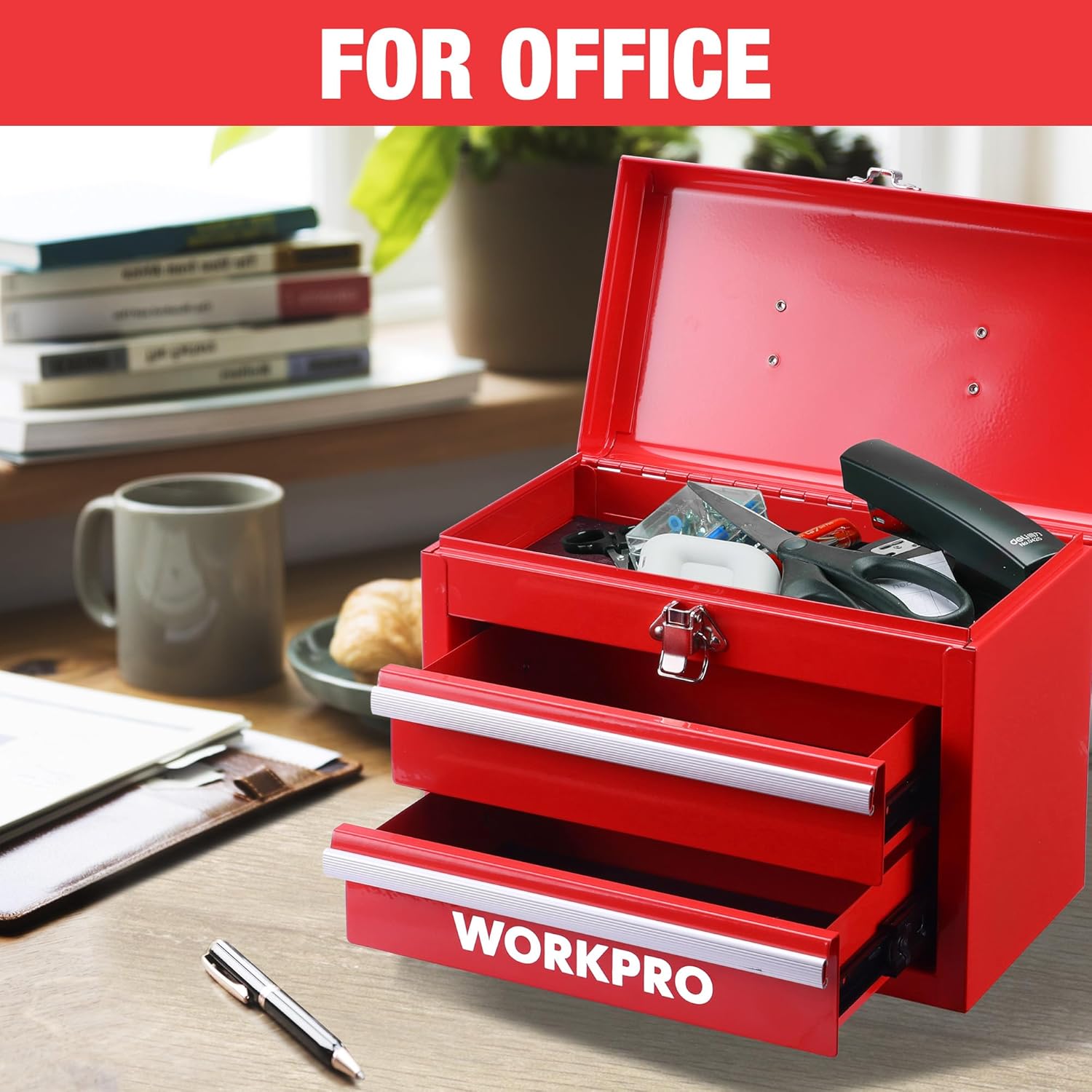 WORKPRO Mini portable, boîte en acier à double compartiment (glissière à rouleaux améliorée, avec serrure et poignée) - Rouge