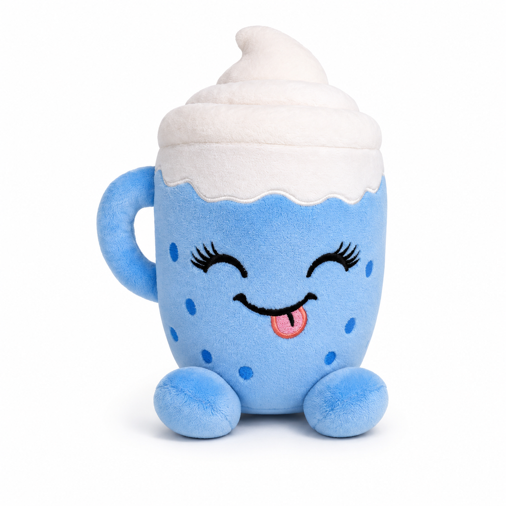 Flooffees Mug en peluche Bleu de Londres – Jouet mignon et doux de style kawaii avec nappage à la crème fouettée, compagnon de bureau câlin de 25 cm, décoration pour chambre et cadeau pour enfants