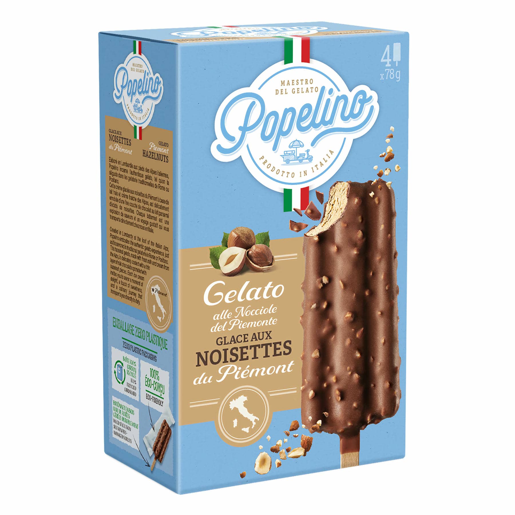 POPELINO Glaces aux noisettes du Piémont enrobées de chocolat - 4 x 78 g