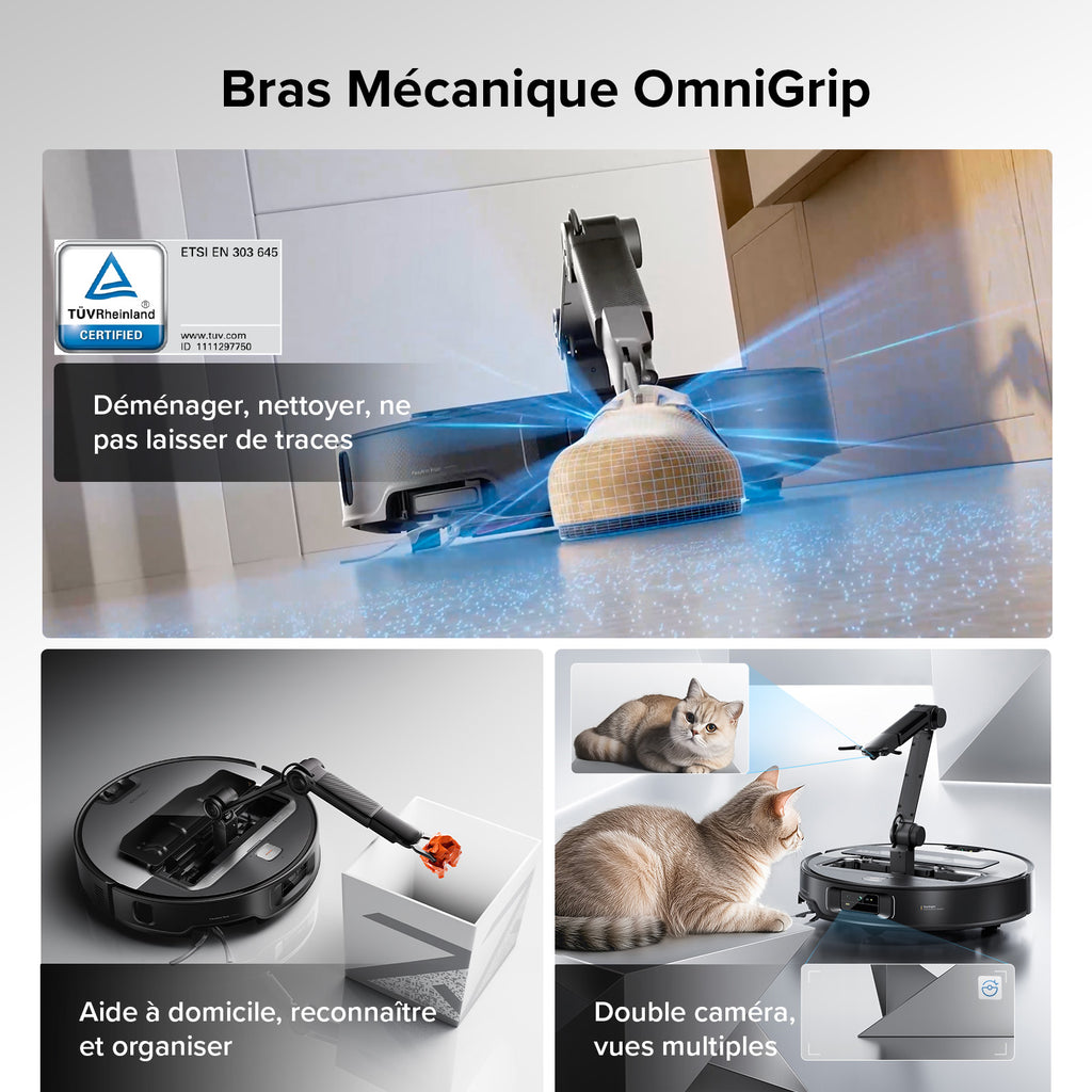 roborock Saros Z70 Aspirateur robot avec fonction de lavage, bras OmniGrip, prise en charge par IA, puissance d'aspiration de 22 000 Pa, ultra-fin de 7,98 cm, support FlexiArm