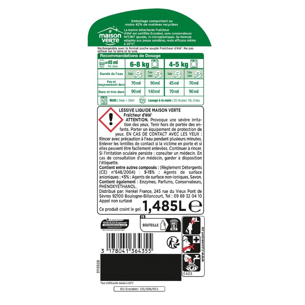 Maison Verte Lessive Liquide Détachant Fraîcheur d'Été 1,485 L