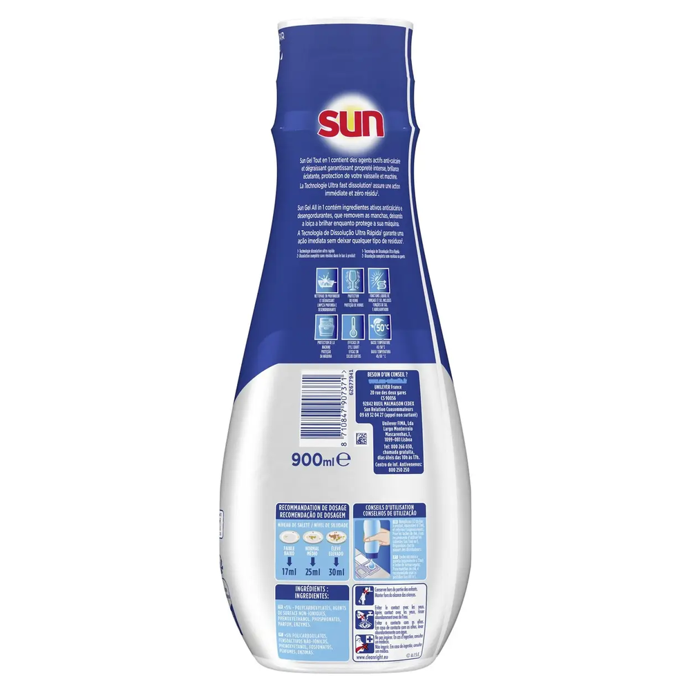 Sun Expert Plus Gel Lave-Vaisselle Tout-en-1, Anti-Calcaire et Dégraissant avec Fonctions d'Adjuvant de Rinçage et de Sel, 2 x 900 ml (= 1,8 L)