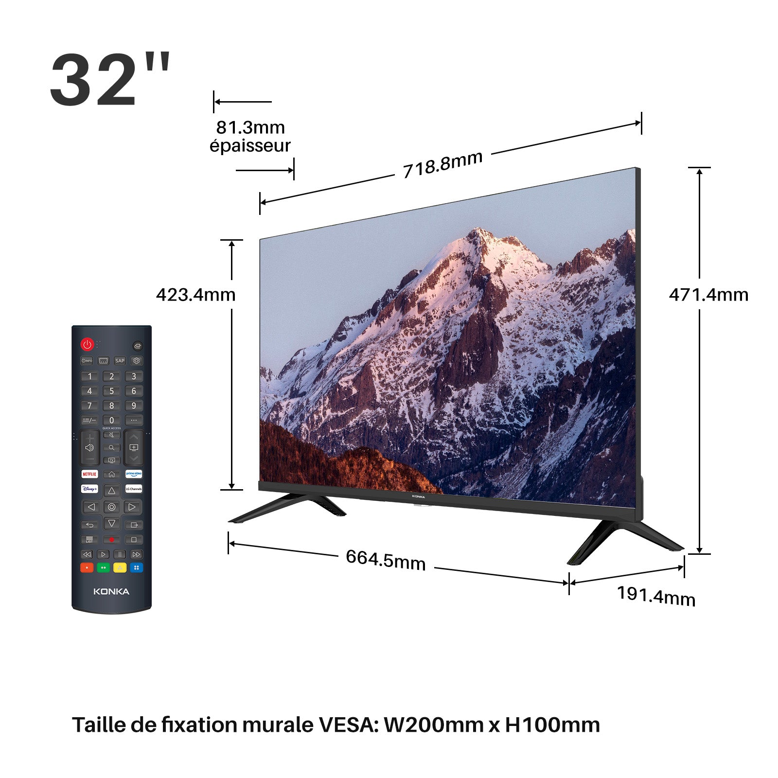 KONKA KDG32YR682ANTS Téléviseur intelligent DLED 32 pouces HD 720p webOS HDR10 Dolby Audio AirPlay LG Channels