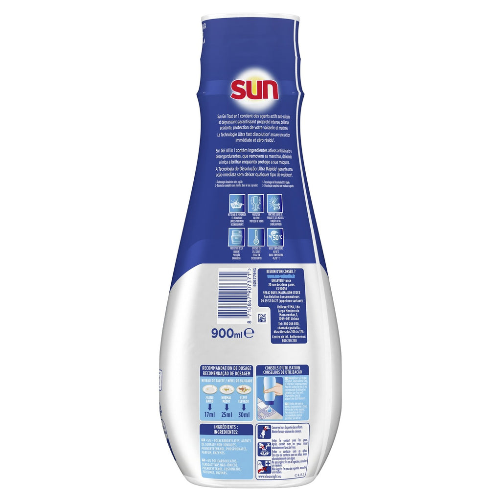 Sun Expert Plus Gel Lave-Vaisselle Tout-en-1, Anti-Calcaire et Dégraissant avec Fonctions d'Adjuvant de Rinçage et de Sel, 900 ml