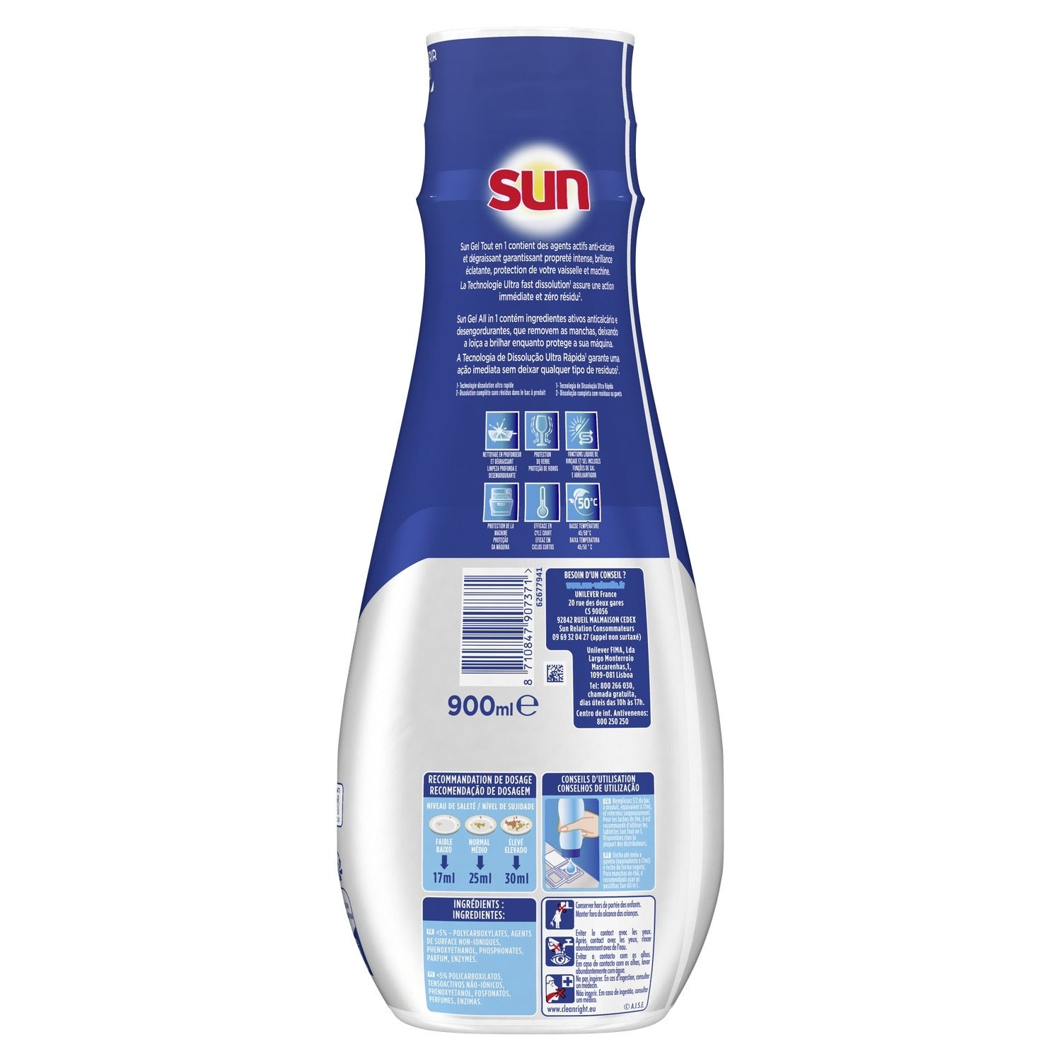 Sun Expert Plus Gel Lave-Vaisselle Tout-en-1, Anti-Calcaire et Dégraissant avec Fonctions d'Adjuvant de Rinçage et de Sel, 900 ml