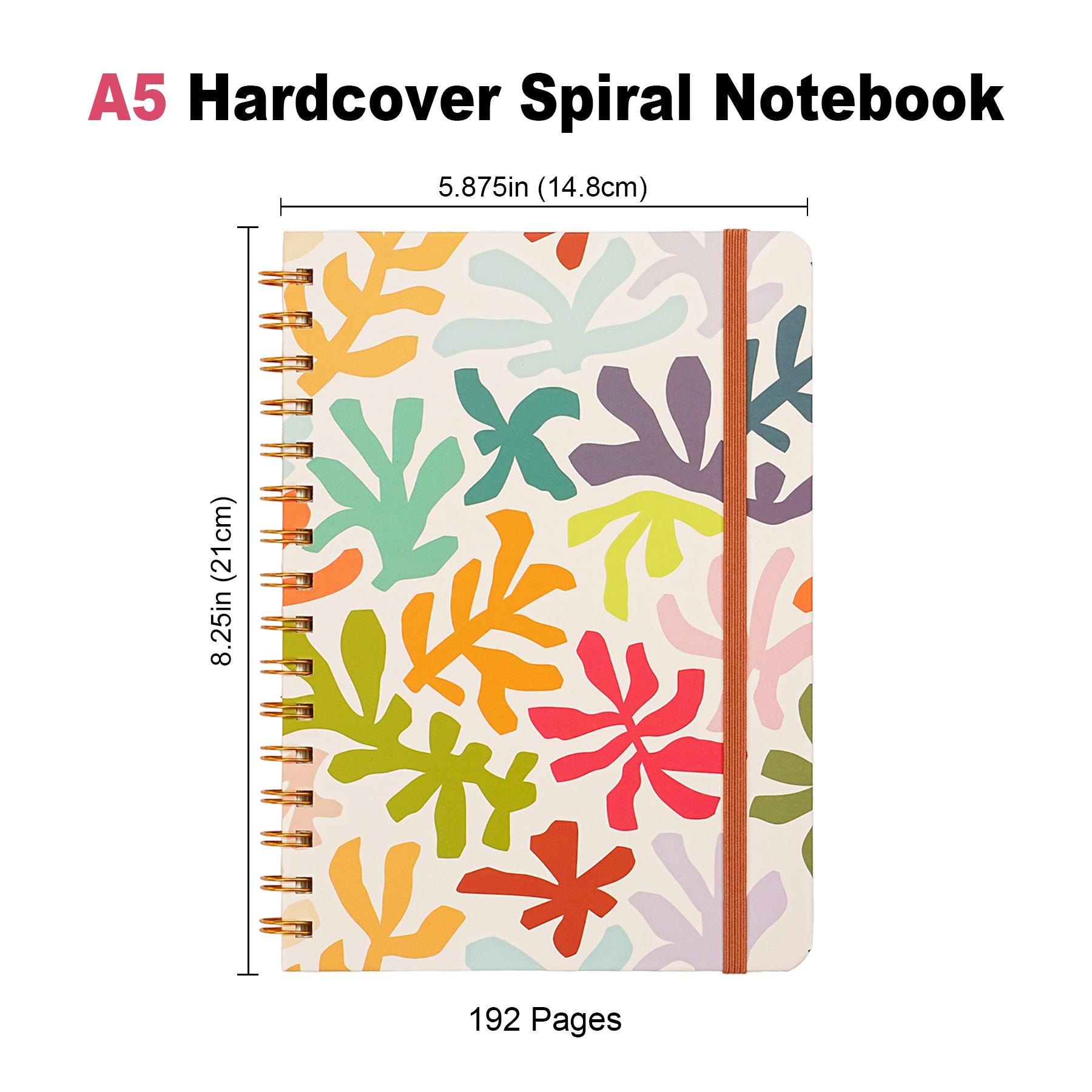 Jubiluu Carnet ligné A5 à spirale et couverture rigide - 96 feuilles 100 g papier offset, avec élastique - Journal ligné crème classique pour écriture, école, bureau et cadeaux - Feuilles corail