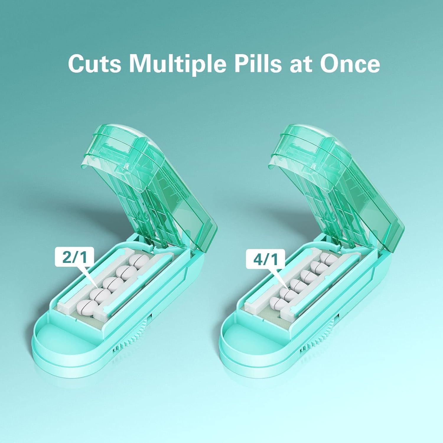 Coupe-Comprimés Professionnel VVM Réglable pour Petites et Très Petites Pilules, Lame en Acier Inoxydable Cachée, Coupe Sécurisée de Plusieurs Comprimés à la Fois, Couleur Cyan