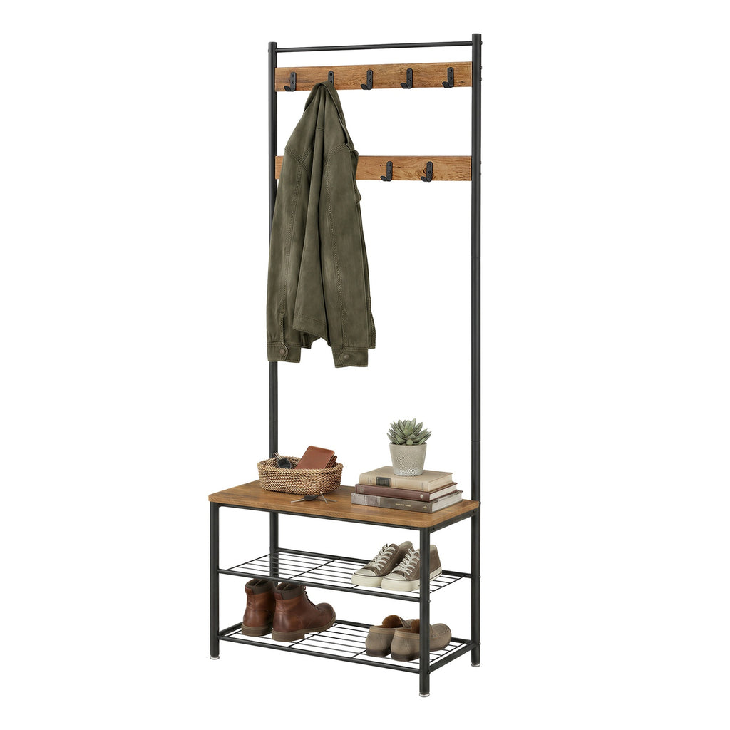 JOYFURNOS Portemanteau, 32 x 70 x 177 cm, Vestiaire avec Banc de Rangement pour Chaussures, Style Industriel, Marron et Noir