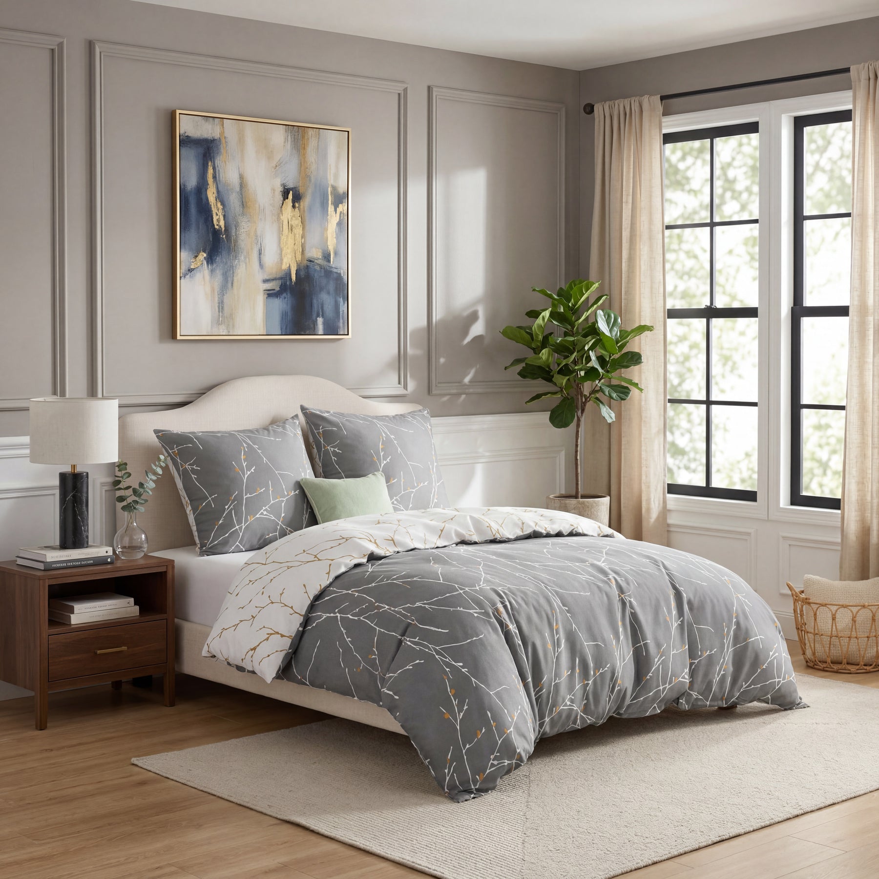 Ensemble avec housse de couette en microfibre et taie d’oreiller de 80 x 80 cm - Design chic et élégant, Microfibre, gris/beige, 200x200cm, 90% Polyester