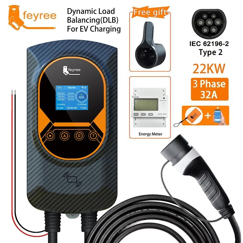 Feyree Borne de recharge murale pour voiture électrique avec câble Type 2, 32 A, 22 kW, équilibrage dynamique de charge, fonction application