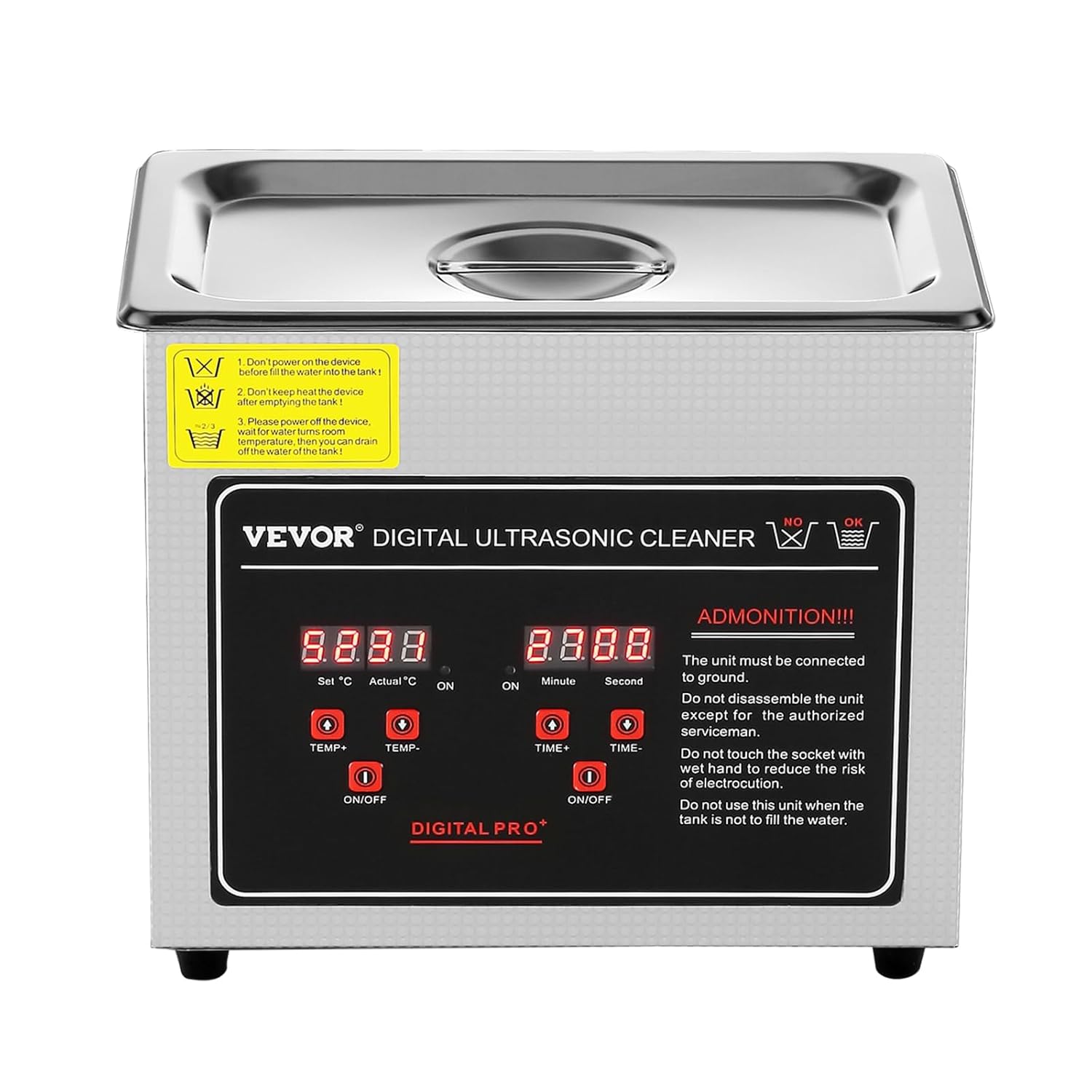 VEVOR Nettoyeur ultrasonique numérique 3 L avec écran LED, prise EU 220 V, machine de nettoyage en acier inoxydable pour bijoux, lunettes et outils