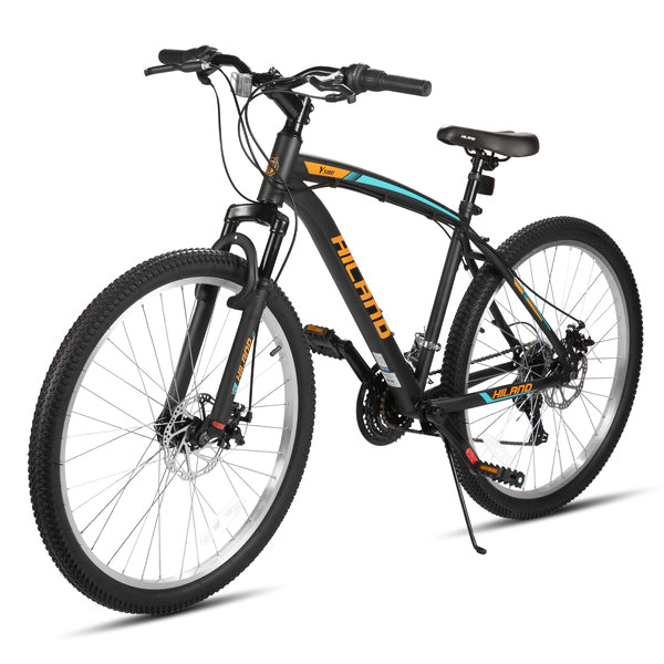Hiland Ridge VTT adulte, cadre robuste en acier haute résistance, vélo de trajet urbain homme femme, fourche à suspension avant, 18 vitesses, double frein à disque, 26 pouces