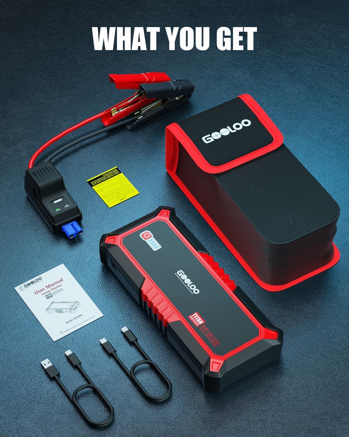 Démarreur de voiture GOOLOO, boosteur de batterie de voiture 3000A de pointe, boîte de démarrage 12V pour batterie de voiture jusqu'à 9L d'essence ou 7L de diesel, boosteur de batterie avec batterie externe / charge rapide / lumière LED