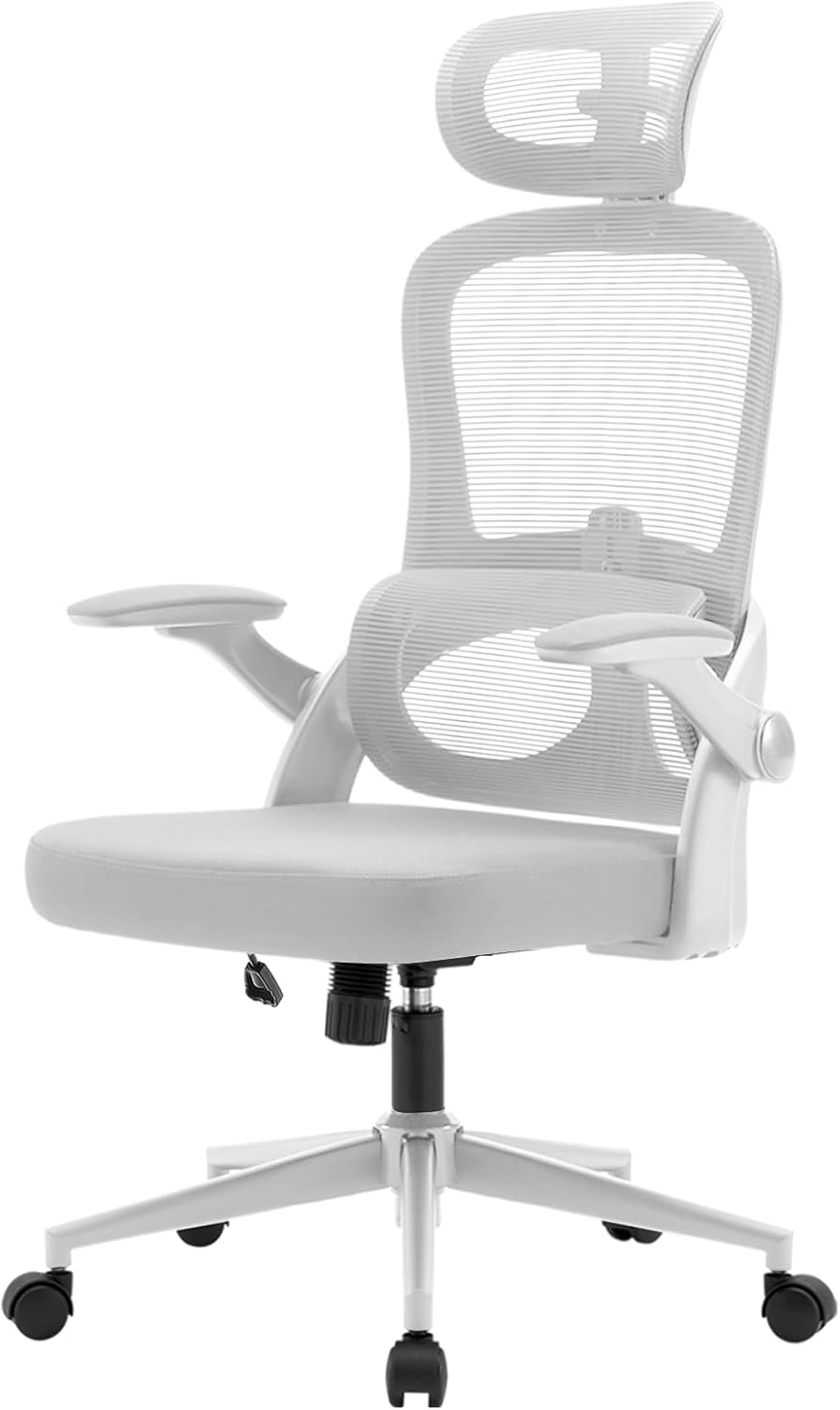 SIHOO M102C Chaise de bureau ergonomique en maille, haut dossier avec accoudoirs 3D, soutien lombaire réglable haut/bas, chaise de travail informatique pivotante, cadre blanc et maille gris clair