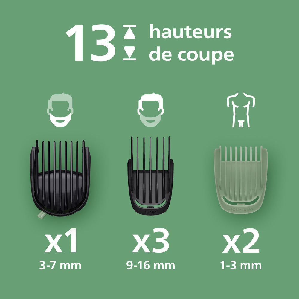 PHILIPS Series 5000 MG5941/15 - Tondeuse 11-en-1, visage + cheveux + corps, lames métalliques auto-affûtées, technologie BeardSense, 11 accessoires et 13 hauteurs de coupe (0,5 à 16 mm). Autonomie de 120 min, recharge USB, 100 % étanche, pochette sou