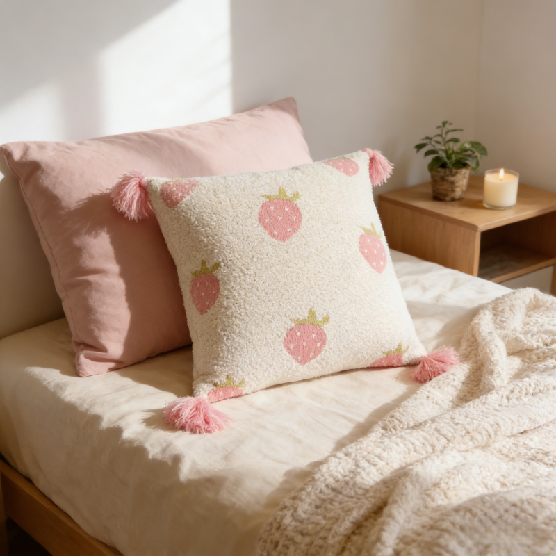 MEROPE, Housse de coussin en tricot acrylique sherpa, 50x50 cm, fraise, 1 pack