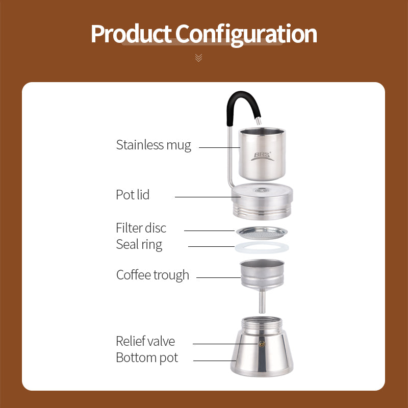 BRS TC05 Cafetière italienne portable en acier inoxydable pour le camping - 250 ml