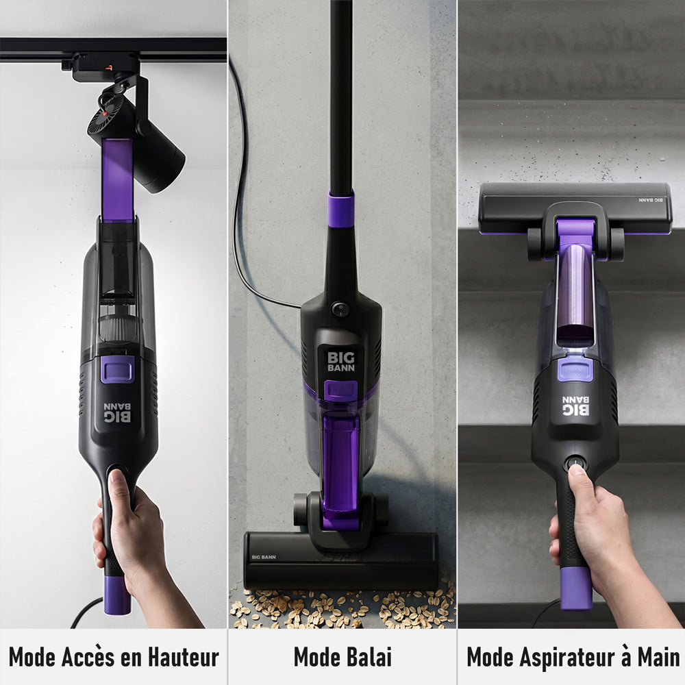 BIGBANN aspirateur balai 3 en 1, aspirateur à main filaire léger avec aspiration de 18 kPa, rangement vertical, cordon de 5 m, filtre HEPA pour sols durs