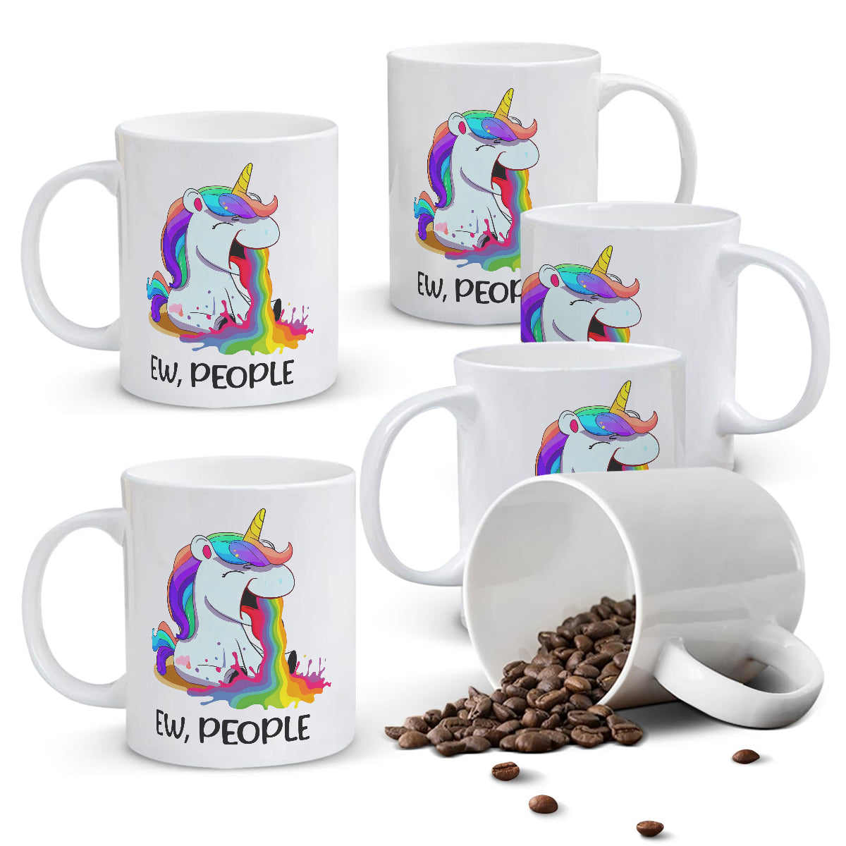 Alphynix Mug blanc 1 pièce 11 oz avec citation impertinente "BEURK, LES GENS" et licorne crachant un arc-en-ciel, cadeau amusant contrasté de Noël ou de Thanksgiving