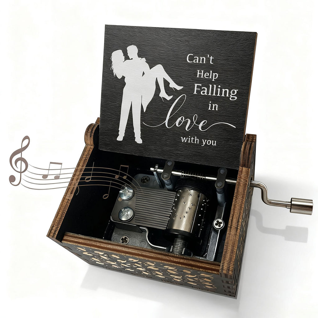Alphynix 1 pièce Cadeau musical romantique, Boîte à musique en bois "Je ne peux pas m'empêcher de tomber amoureux" avec gravure de couple, Cadeau anniversaire Saint-Valentin