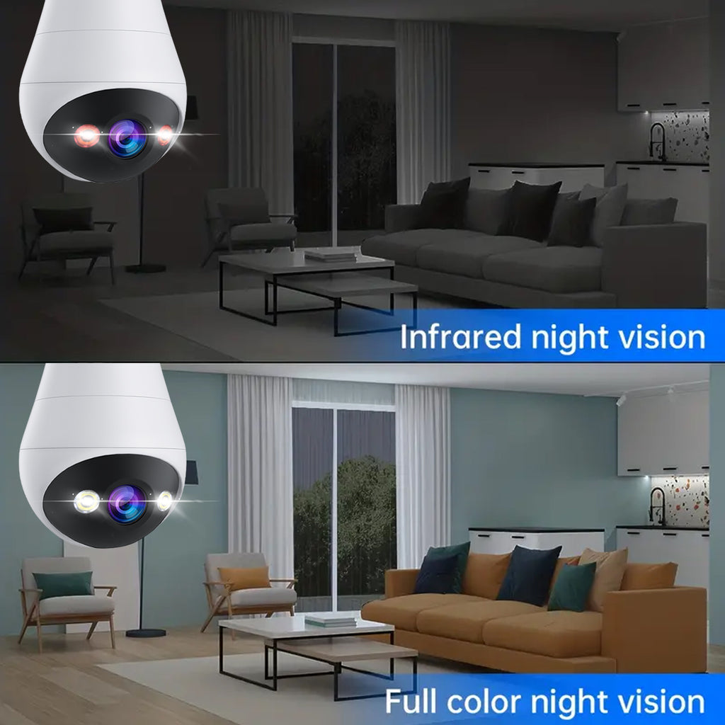 JOOAN E27 Caméra de surveillance Ampoule, sans fil, Intérieur/Extérieur, Pan/Tilt 360°, Vision nocturne couleur, Lampe LED et projecteur, Wi-Fi 2,4 GHz