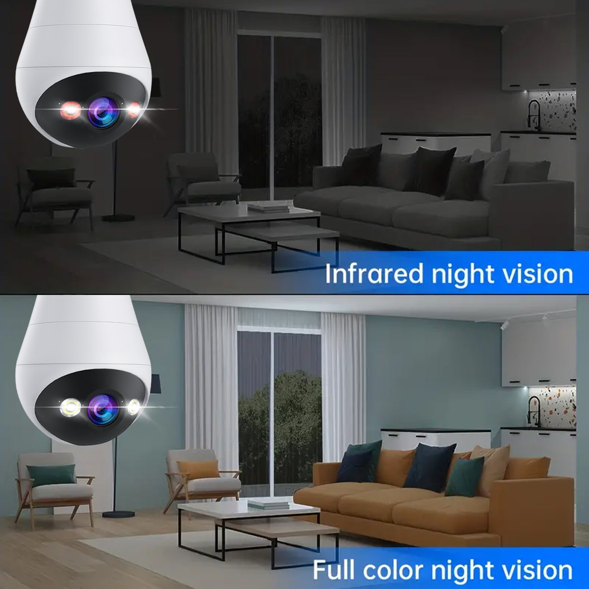 JOOAN E27 Caméra de surveillance Ampoule, sans fil, Intérieur/Extérieur, Pan/Tilt 360°, Vision nocturne couleur, Lampe LED et projecteur, Wi-Fi 2,4 GHz
