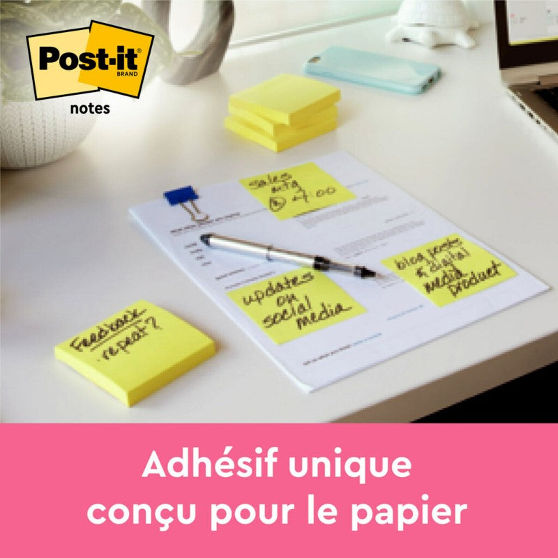 Notes repositionnables Post-it, jaune canard, 51 mm x 76 mm, 100 feuilles/feuille, 12 feuilles/lot, emballage en carton, certification PEFC 100 %, SGSCH-PEFC-COC-110078