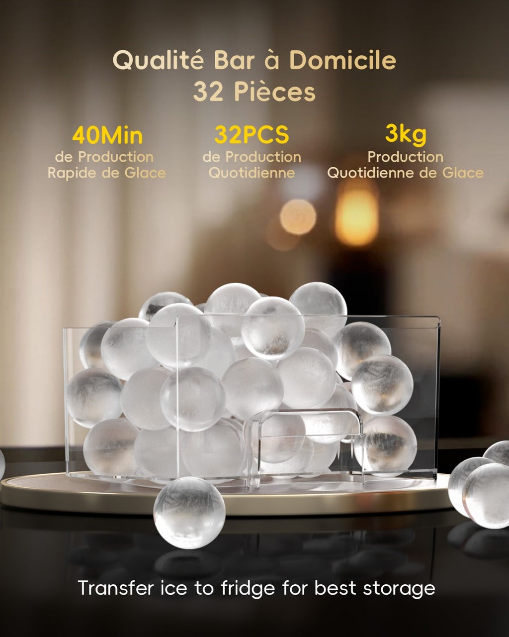 Ecozy Machine à glaçons sphériques 60 mm (2,4"), transparente, minuterie 8 h, écran tactile LED, fabrication rapide en 40 min, technologie CrystalFlux, machine compacte