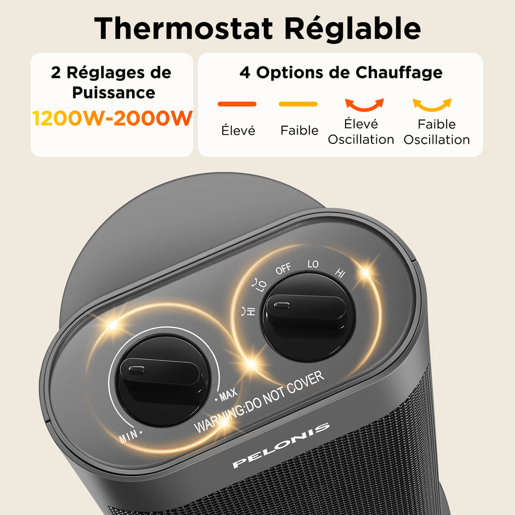 PELONIS chauffage soufflant céramique PTC 2000 W, chauffe rapide en 3 secondes, oscillation à 70°, arrêt en cas de basculement + protection contre la surchauffe, design portable