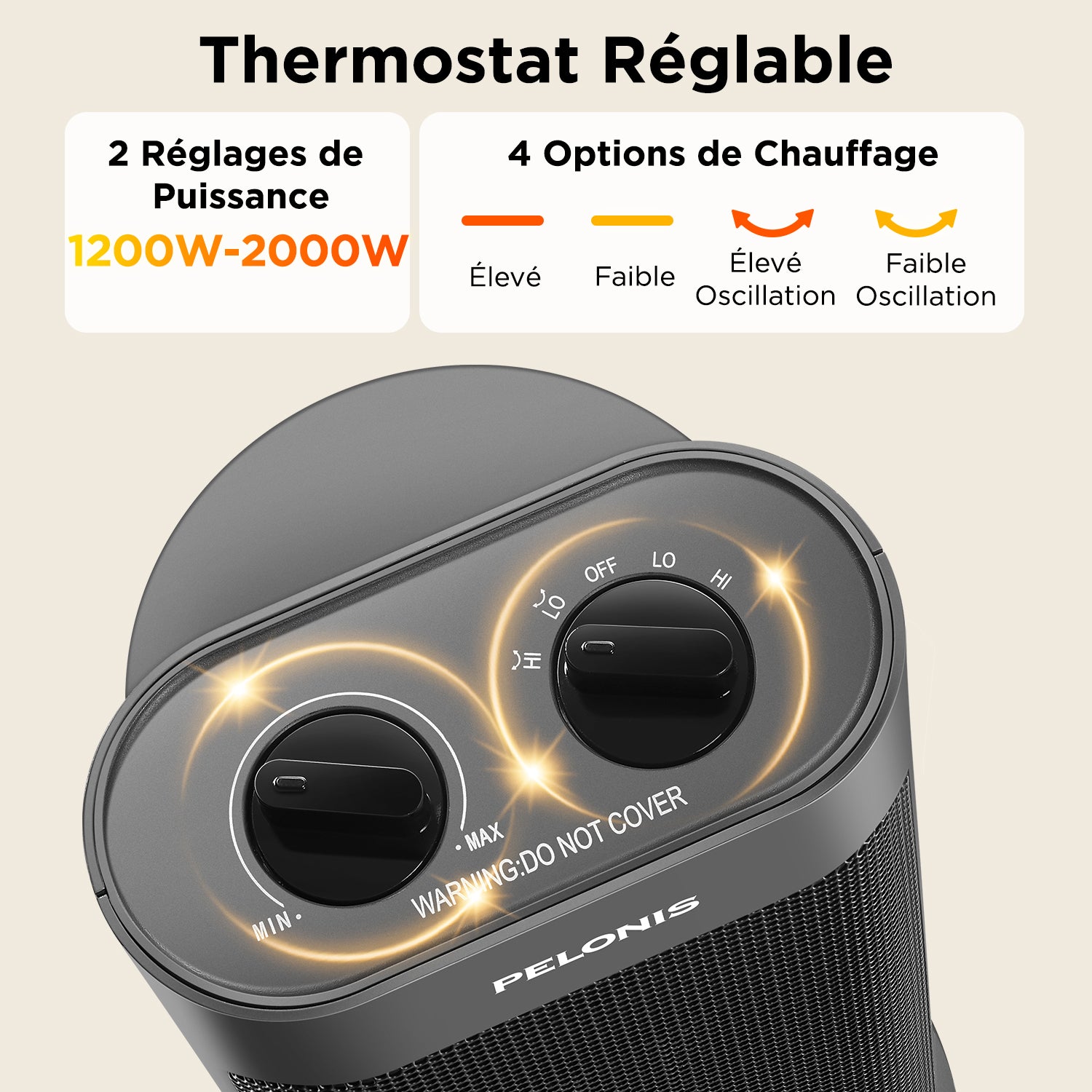PELONIS chauffage soufflant céramique PTC 2000 W, chauffe rapide en 3 secondes, oscillation à 70°, arrêt en cas de basculement + protection contre la surchauffe, design portable
