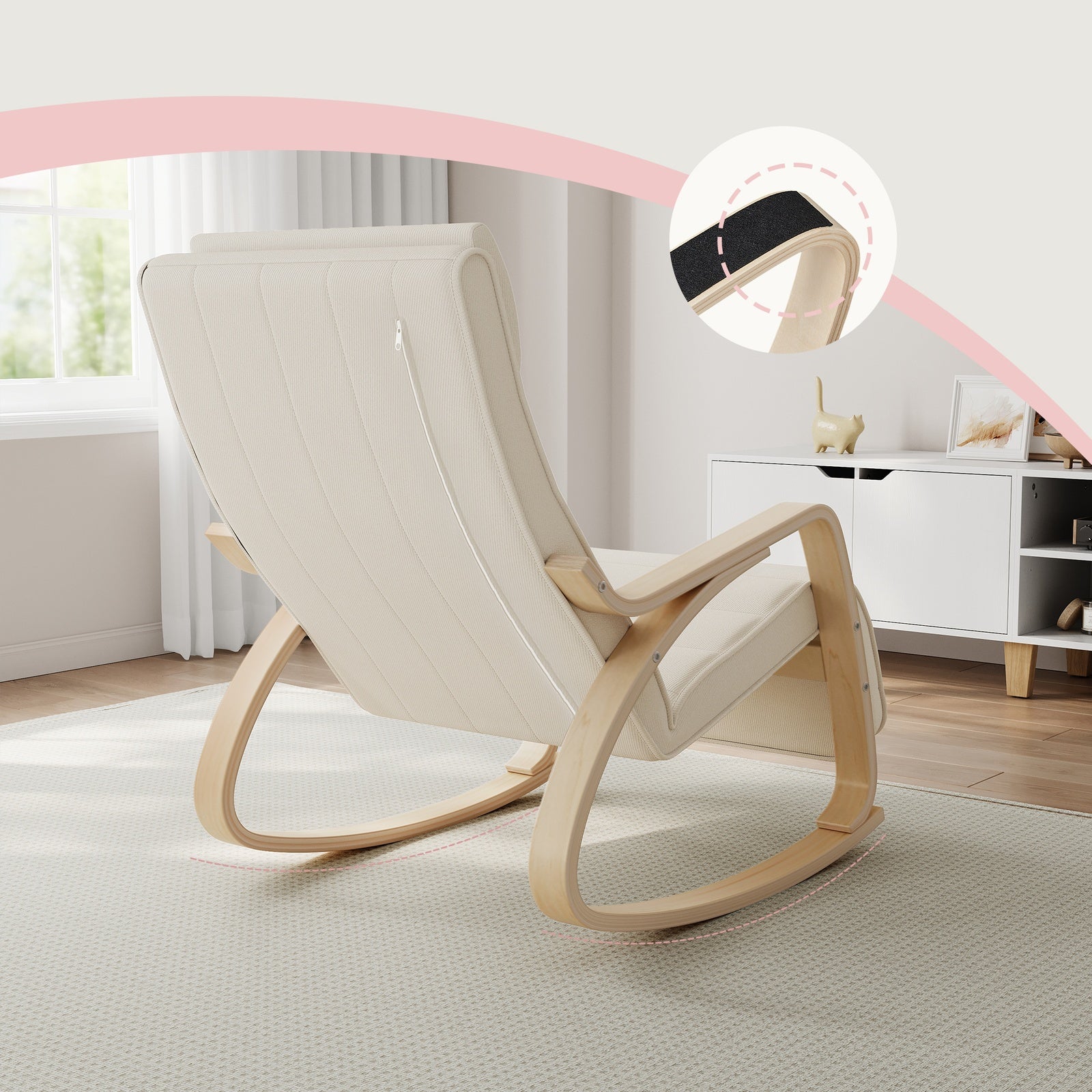 JOYFURNOS Fauteuil à bascule Beige En bois de bouleau Avec repose-pieds réglable Et housse amovible 121,5*65*84 cm Fauteuil de détente Pour salon ou chambre