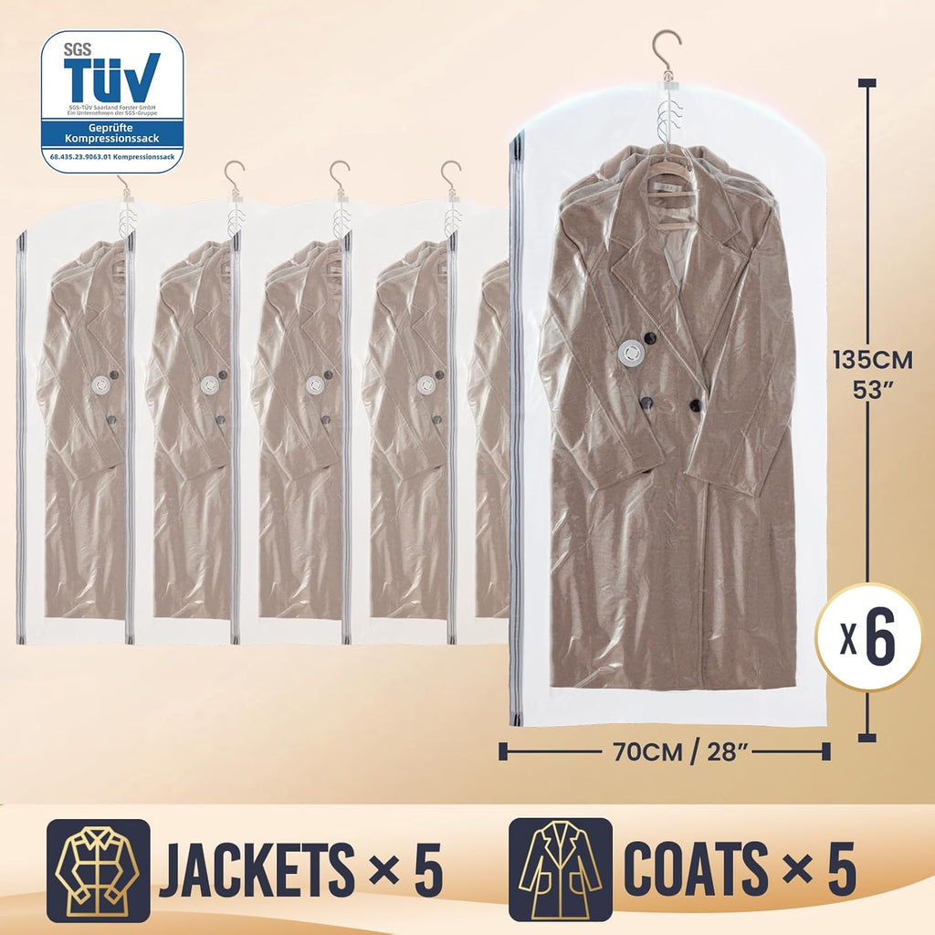 Taili Sacs de rangement sous vide à suspendre gain de place pour vêtements, costumes et vestes, organiseurs de placard, lot de 6 jumbo transparent