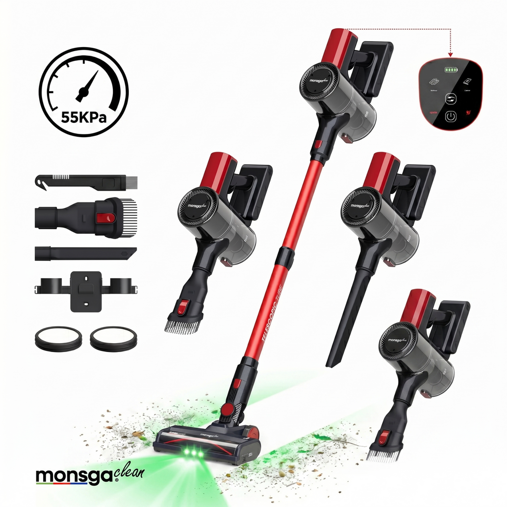 MonsgaClean M100 Aspirateur sans fil rouge, 55000 Pa, 45 min, écran tactile, lumière verte pour révéler la poussière, anti-emmêlement, tient debout tout seul, rechargeable