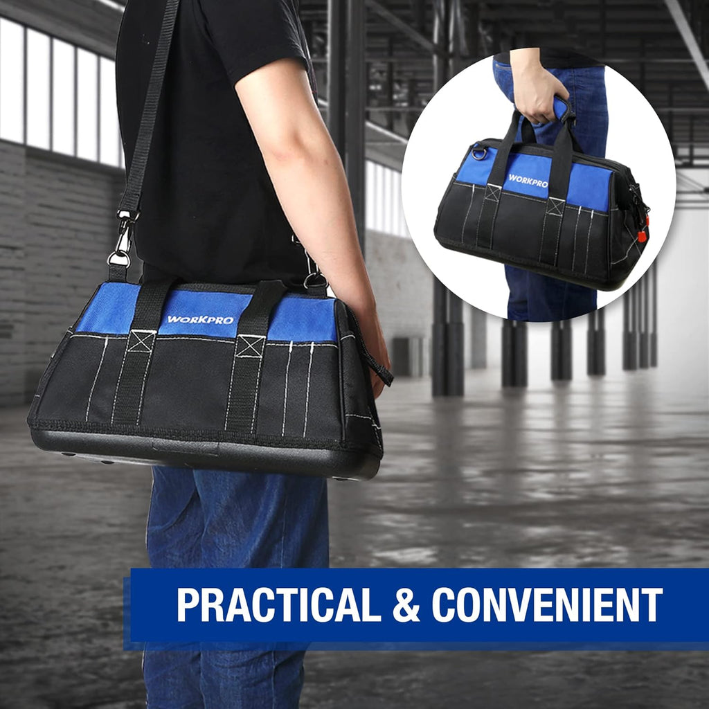 WORKPRO Sac à Outils 16 Pouces, Sac à Outils Robuste Multi-Poches avec Base Rigide en Plastique Imperméable, Sac à Outils Électromécanicien Robuste à Ouverture Large avec Bandoulière Réglable